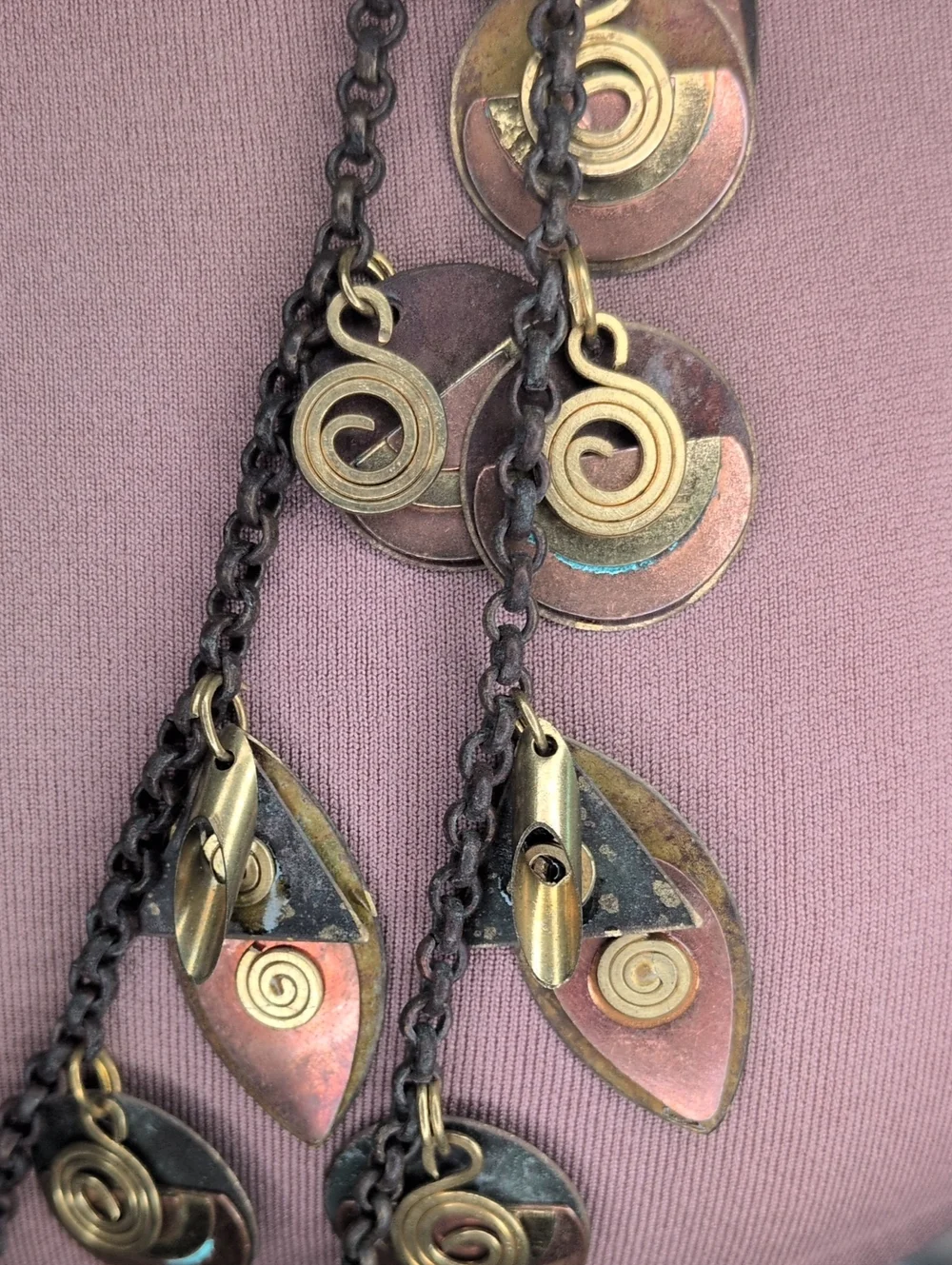 Vintage 80 Brutalist Mixed Metal Layered Statement Necklace Brass Copper - As Is